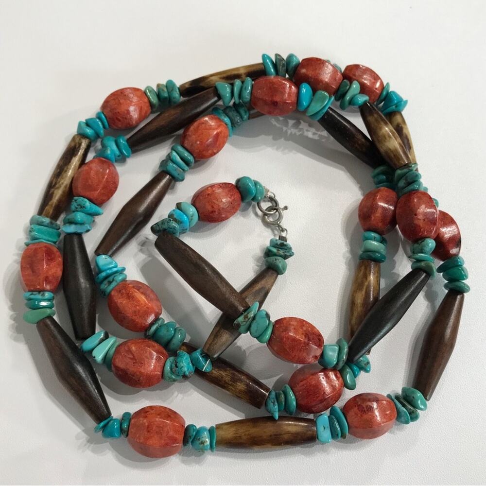 Vintage Sterling Silver Natural Turquoise Carved Red Coral Hairpipe Necklace 40"
